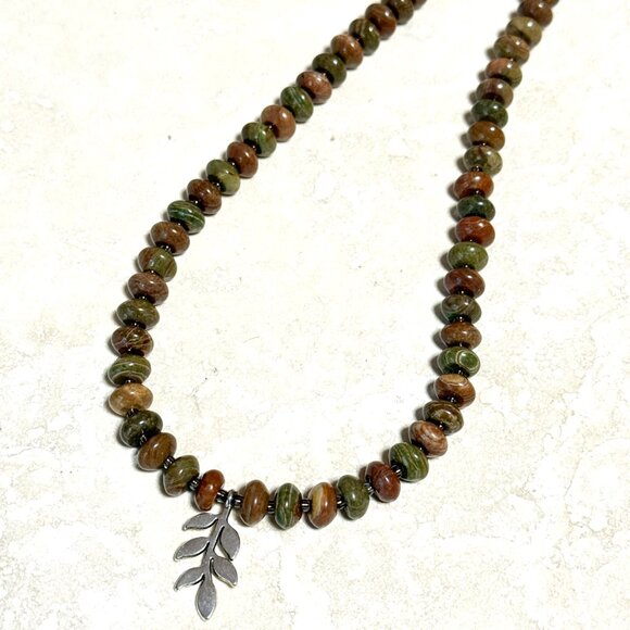 Genuine Earthy Polychrome Jasper Silver Leaf Branch Beaded Short Necklace - Picture 5 of 11